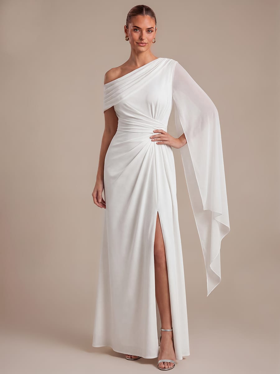 Pleated Knit Cape Sleeve Dress #color_White
