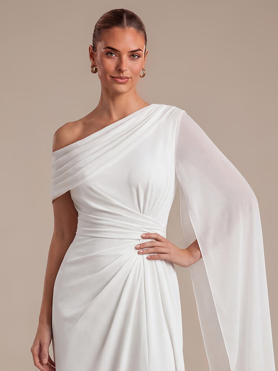 Pleated Knit Cape Sleeve Dress #color_White