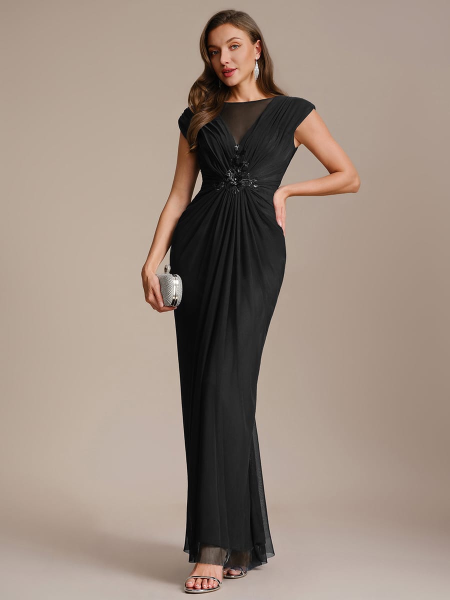 Tulle Cap Sleeve Bodycon Dress #color_Black