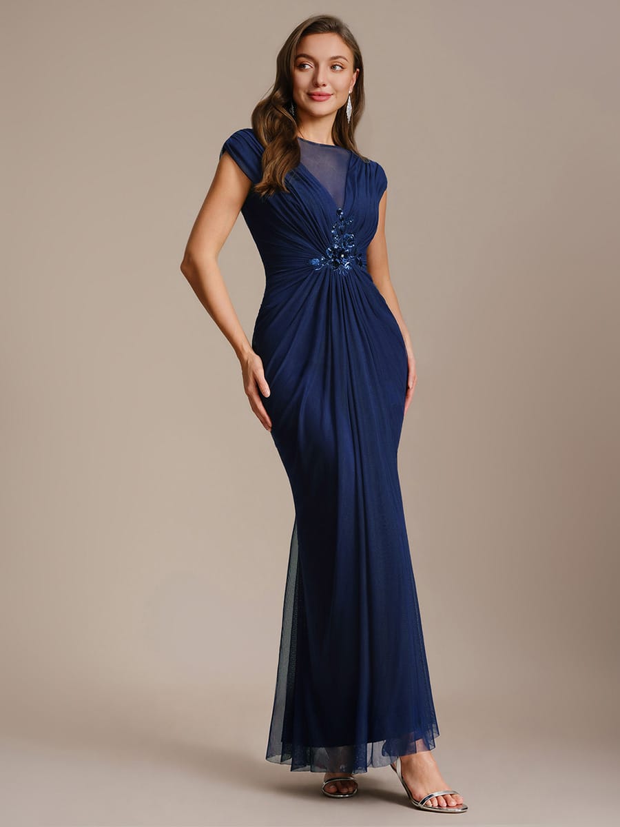 Tulle Cap Sleeve Bodycon Dress #color_Navy Blue