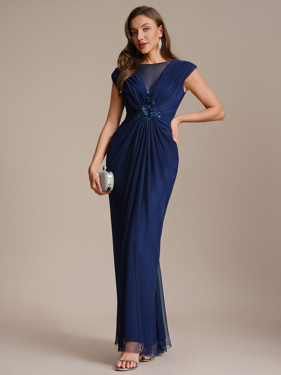 Tulle Cap Sleeve Bodycon Dress #color_Navy Blue