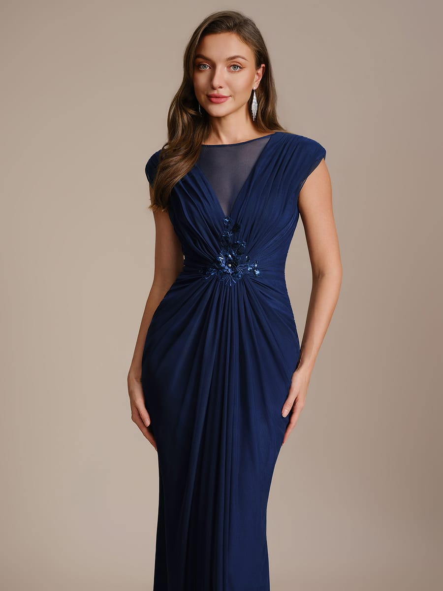 Tulle Cap Sleeve Bodycon Dress #color_Navy Blue