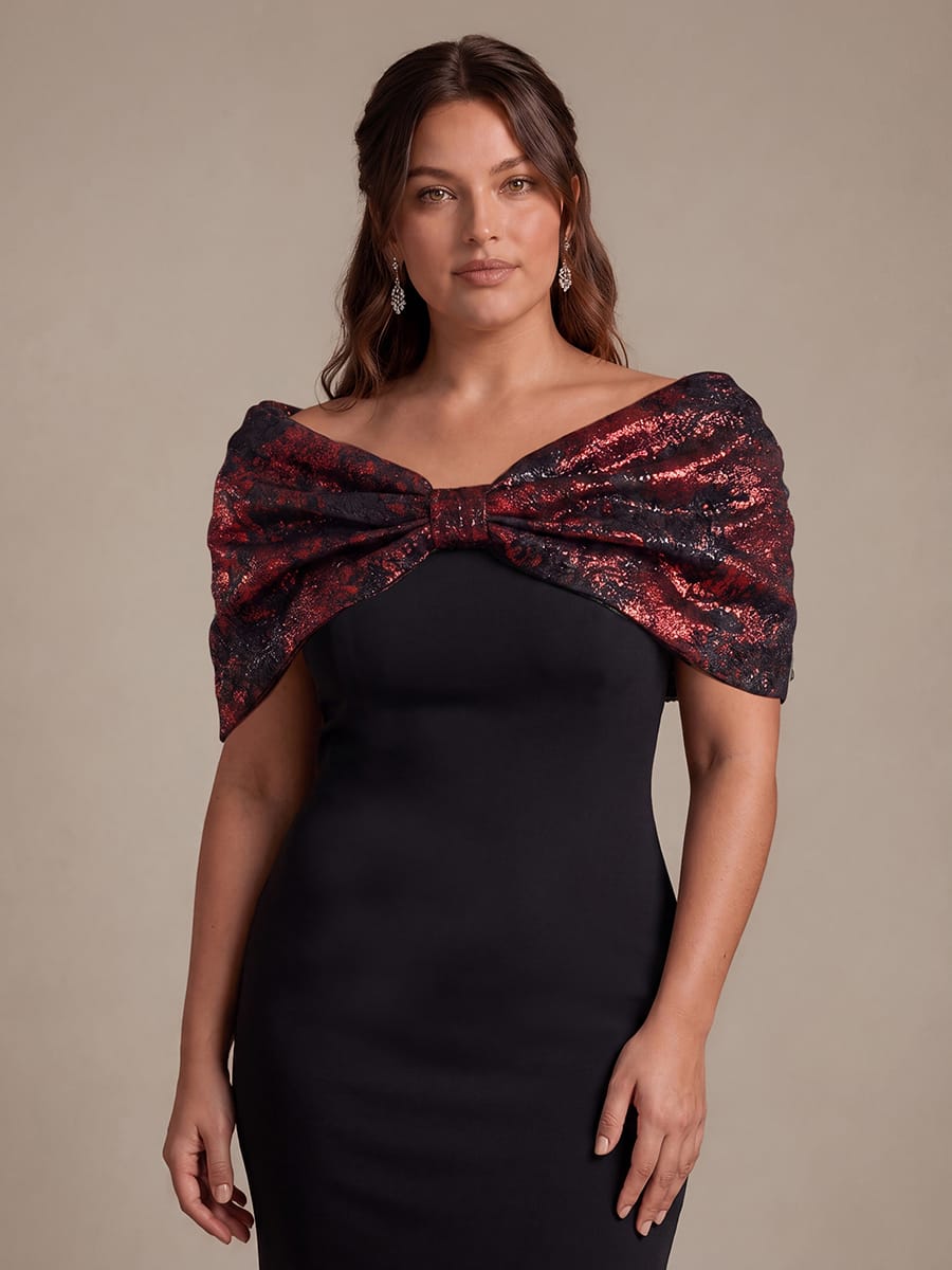 Knotted Jacquard Cape Sleeve Dress #color_Burgundy/Black