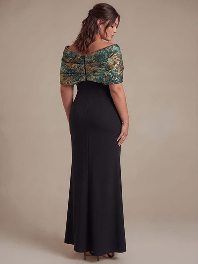 Knotted Jacquard Cape Sleeve Dress #color_Dark Green/Gold