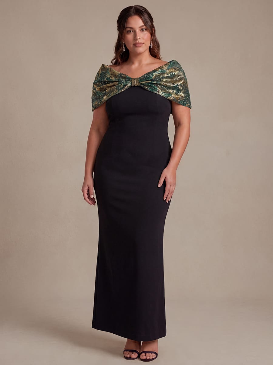 Knotted Jacquard Cape Sleeve Dress #color_Dark Green/Gold