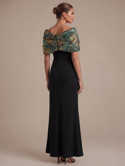 Knotted Jacquard Cape Sleeve Dress #color_Dark Green/Gold