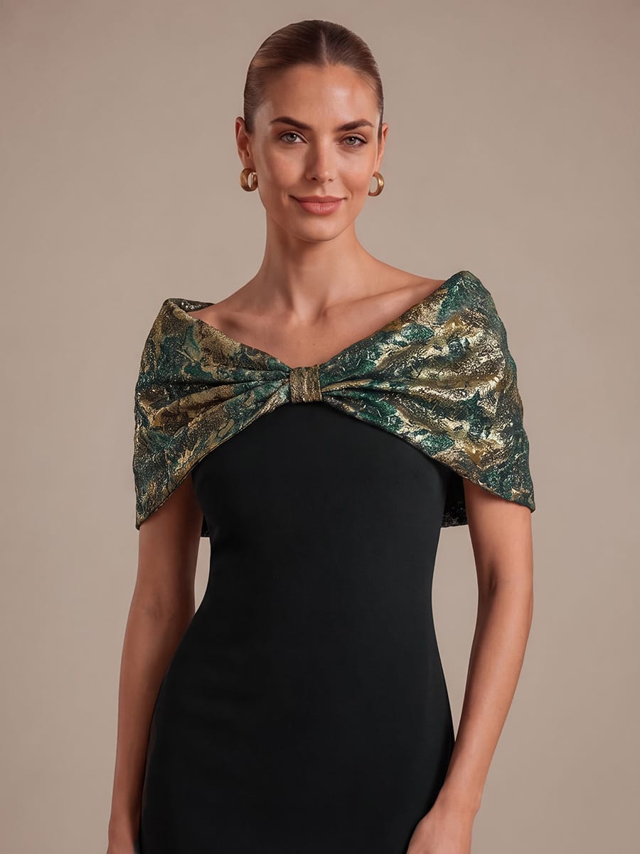 Knotted Jacquard Cape Sleeve Dress #color_Dark Green