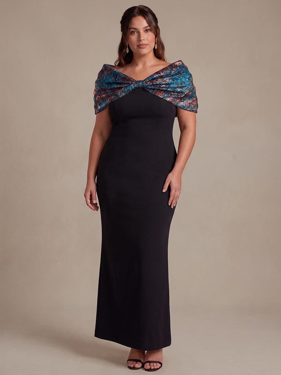 Knotted Jacquard Cape Sleeve Dress #color_Royal Blue/Gold