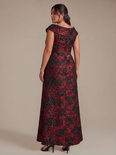 Slit Jacquard Cap Sleeve Dress #color_Burgundy/Black