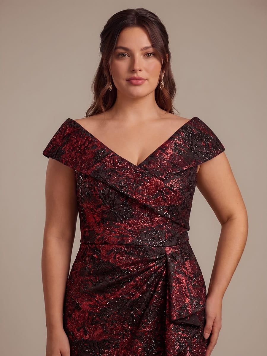 Slit Jacquard Cap Sleeve Dress #color_Burgundy/Black