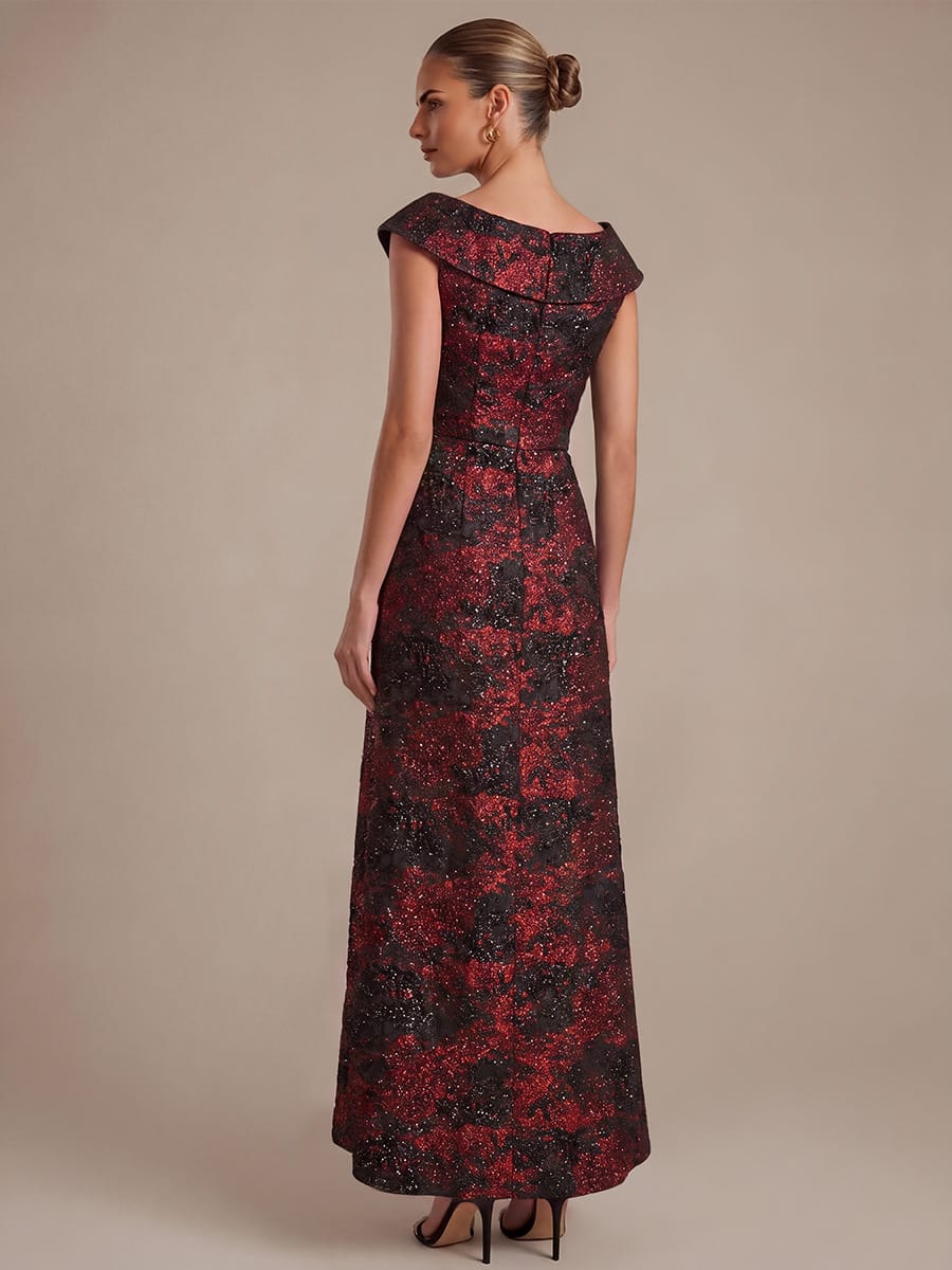 Slit Jacquard Cap Sleeve Dress #color_Burgundy