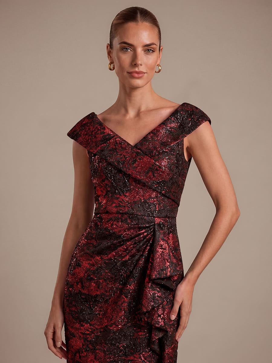 Slit Jacquard Cap Sleeve Dress #color_Burgundy