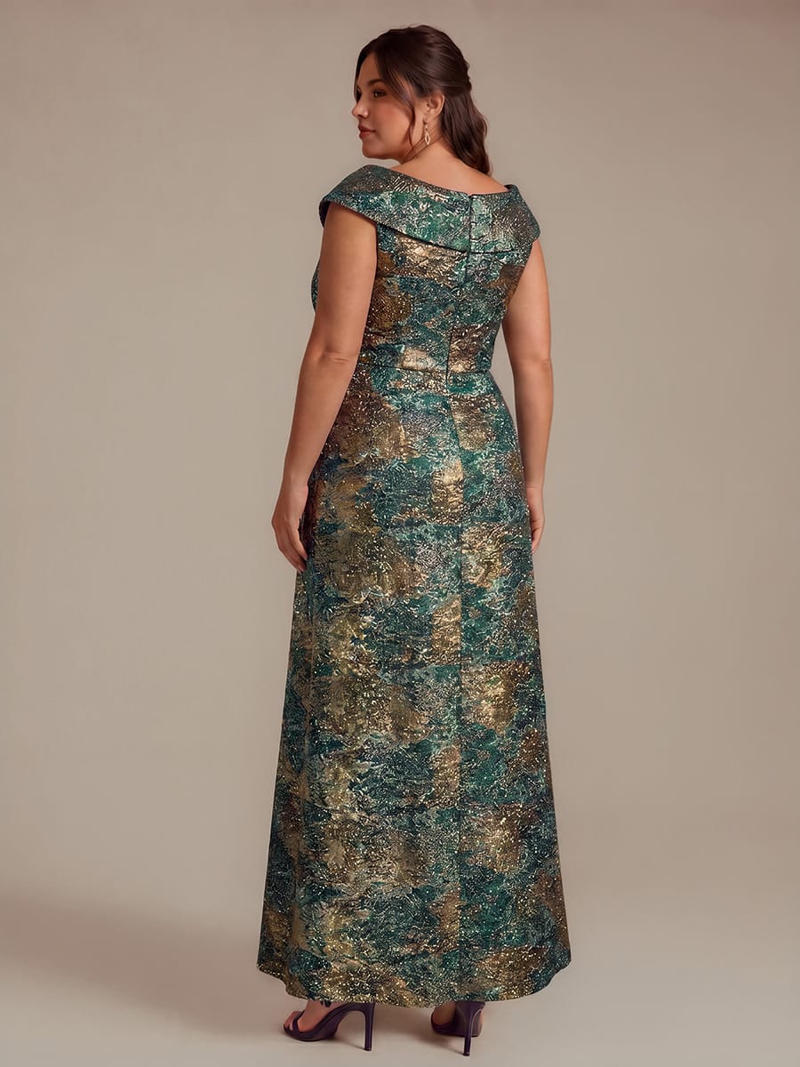 Slit Jacquard Cap Sleeve Dress #color_Dark Green/Gold