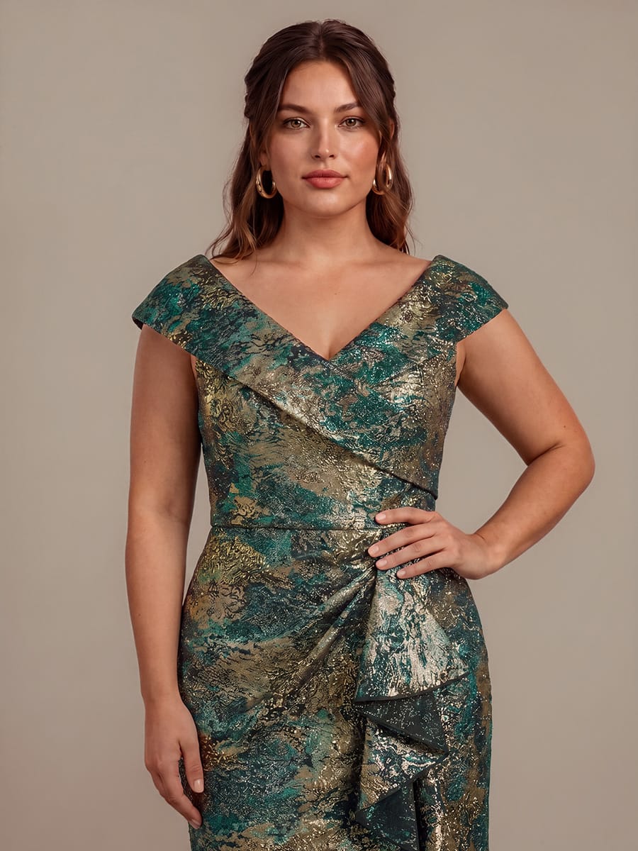 Slit Jacquard Cap Sleeve Dress #color_Dark Green/Gold