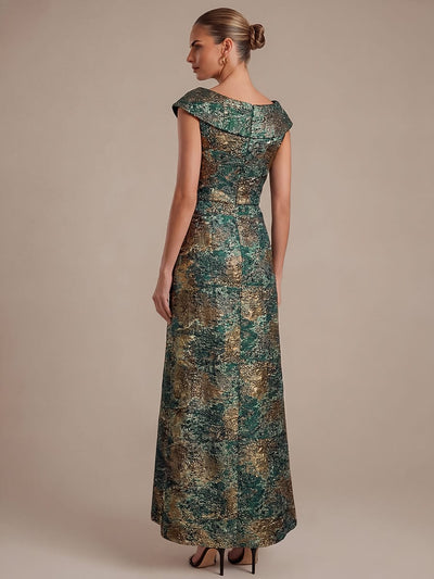 Slit Jacquard Cap Sleeve Dress #color_Dark Green/Gold
