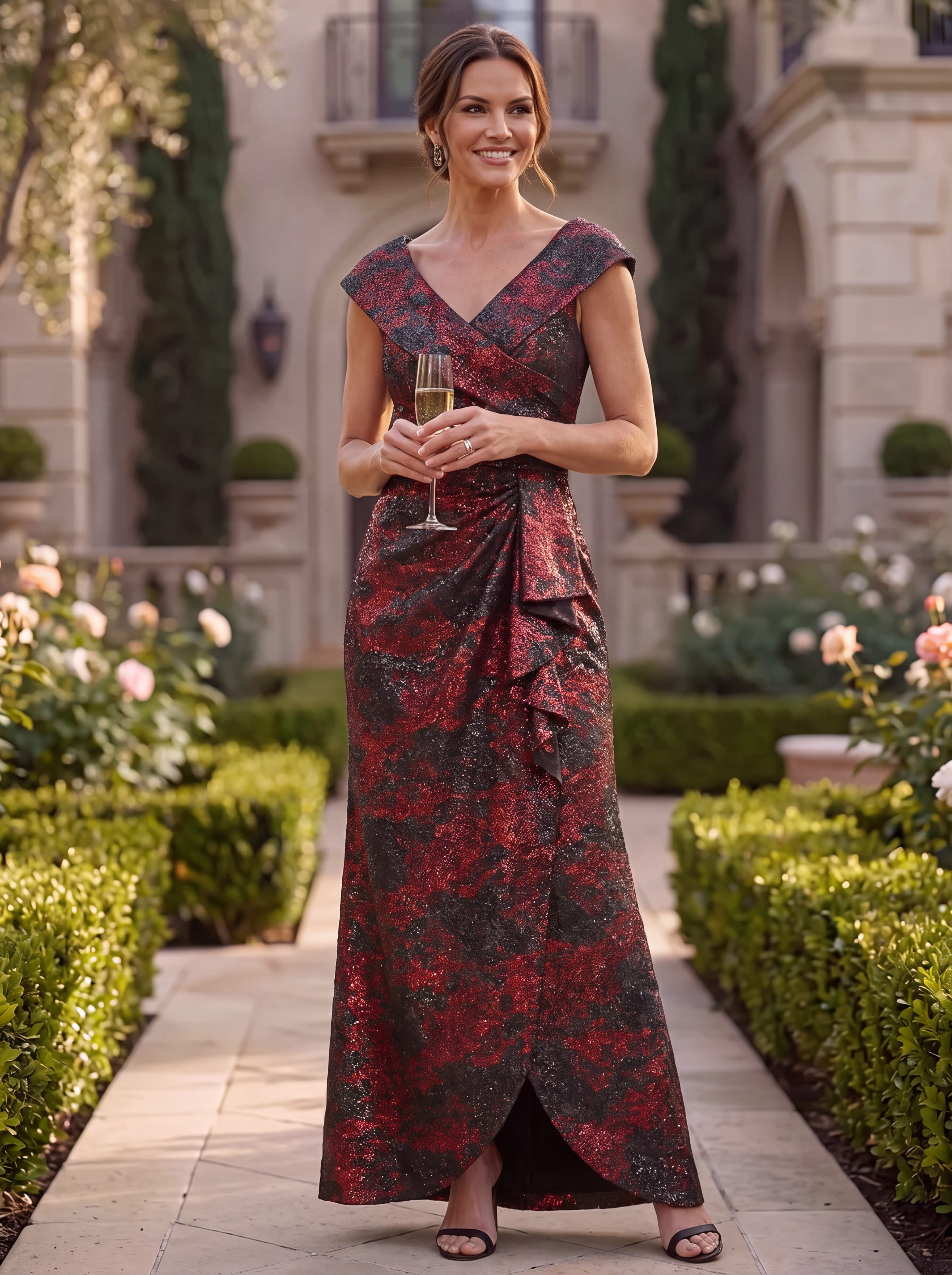 Slit Jacquard Cap Sleeve Dress #color_Burgundy/Black
