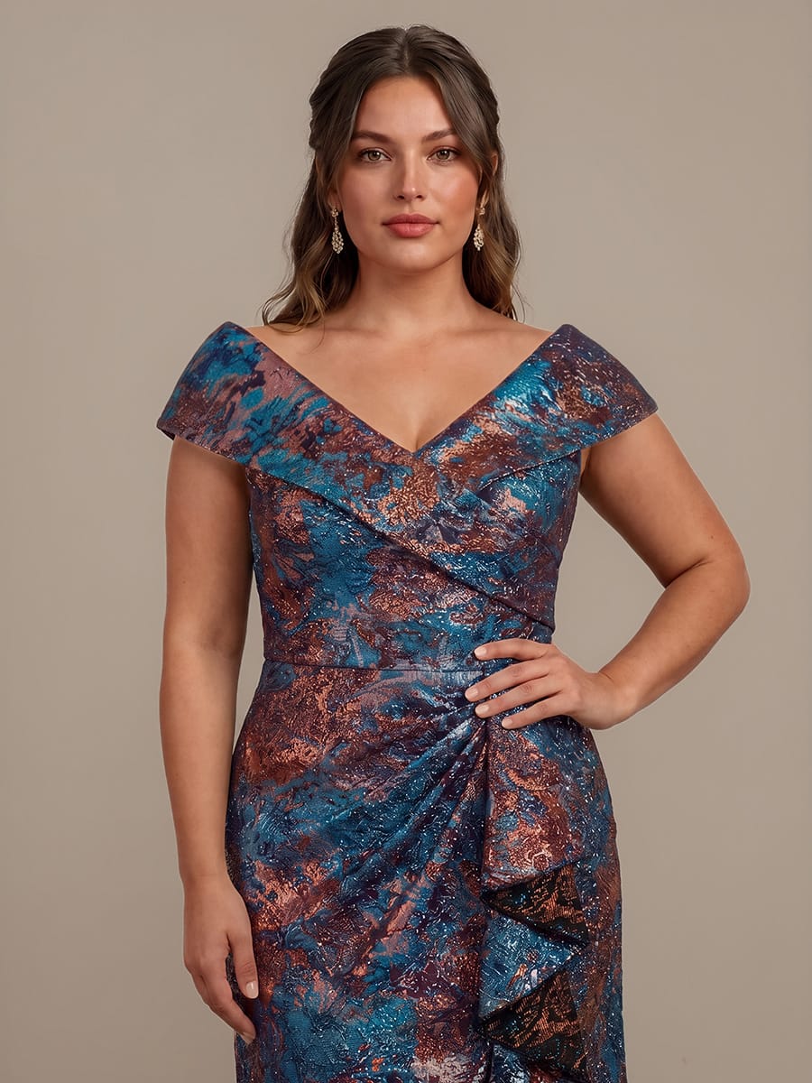 Slit Jacquard Cap Sleeve Dress #color_Royal Blue/Gold