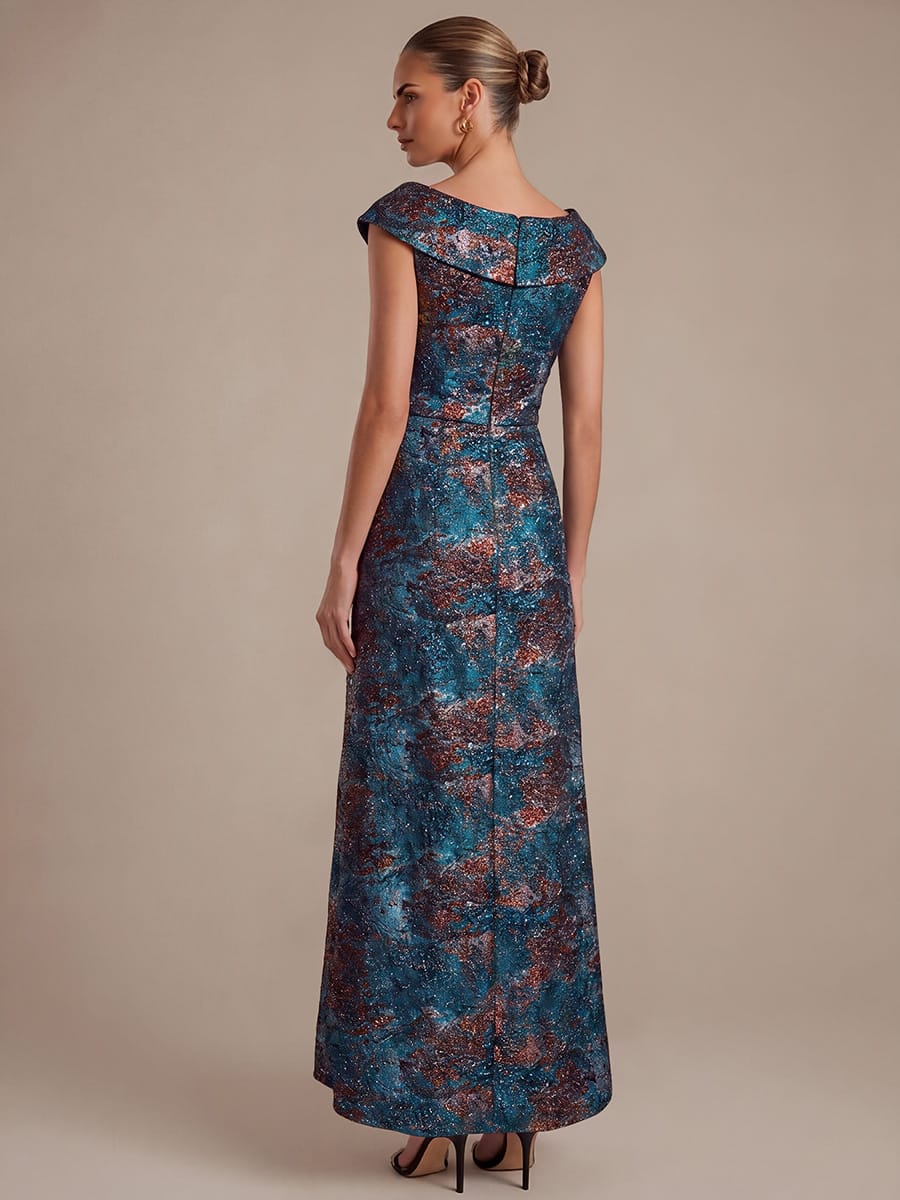 Slit Jacquard Cap Sleeve Dress #color_Sapphire Blue