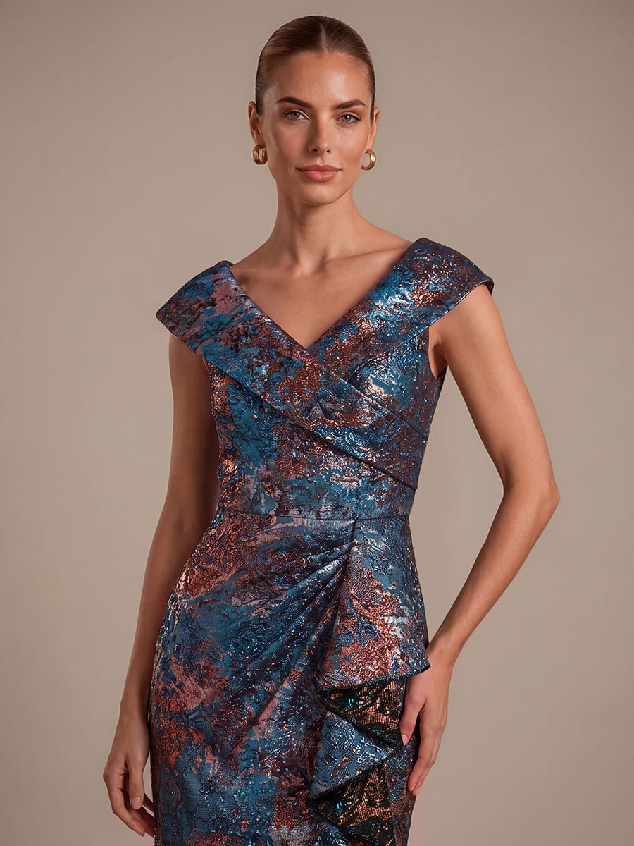 Slit Jacquard Cap Sleeve Dress #color_Sapphire Blue