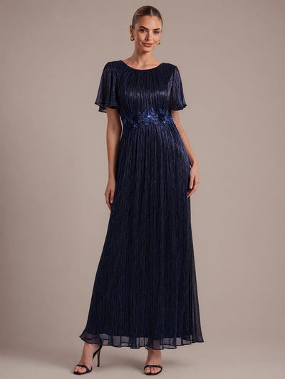 Appliqué Ruffle Tulle A Line Maxi Dress with Cap Sleeves