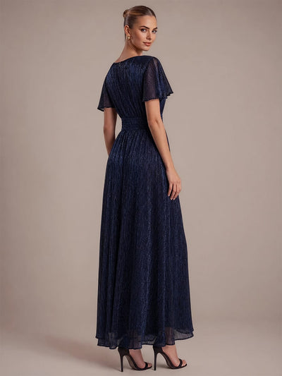 Appliqué Ruffle Tulle A Line Maxi Dress with Cap Sleeves