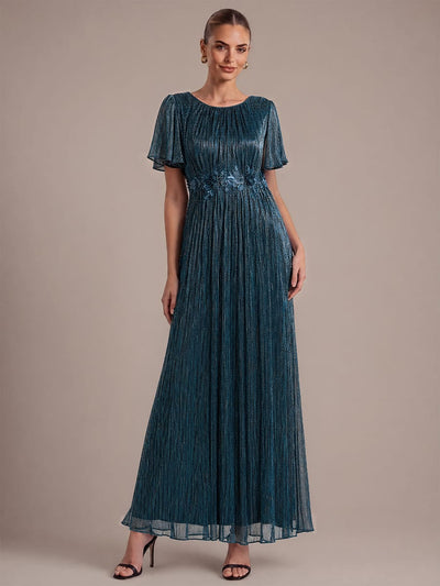 Appliqué Ruffle Tulle A Line Maxi Dress with Cap Sleeves