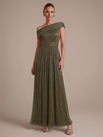 Pleated Tulle A Line Maxi Dress with Off Shoulder Neckline