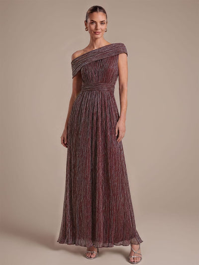 Pleated Tulle A Line Maxi Dress with Off Shoulder