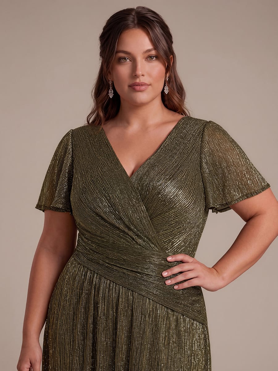 Pleated Tulle Ruffle Sleeve Dress #color_Metallic Gold