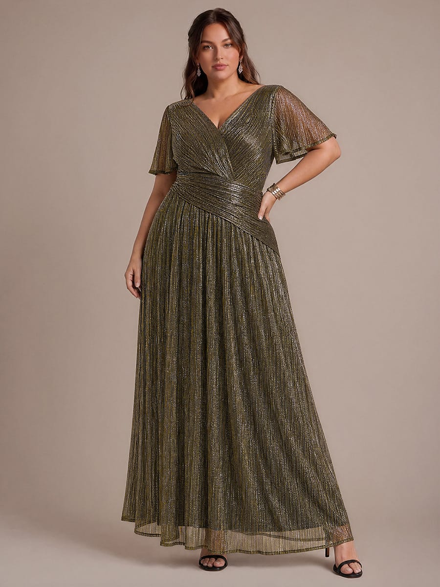 Pleated Tulle Ruffle Sleeve Dress #color_Metallic Gold