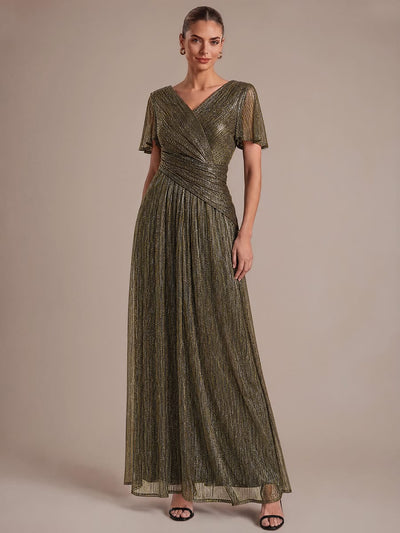 Pleated Tulle A Line Maxi Dress with Ruffle Sleeve