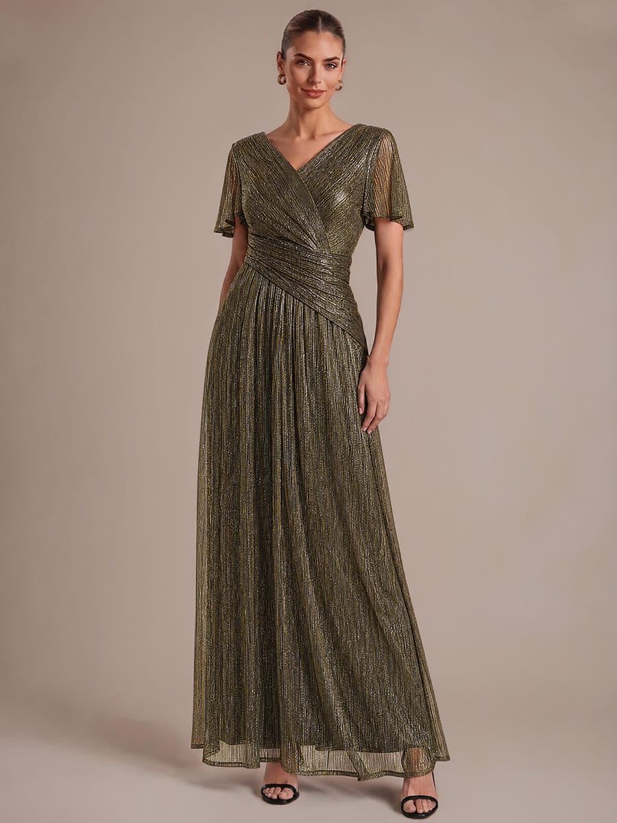 Pleated Tulle Ruffle Sleeve Dress #color_Metallic Gold