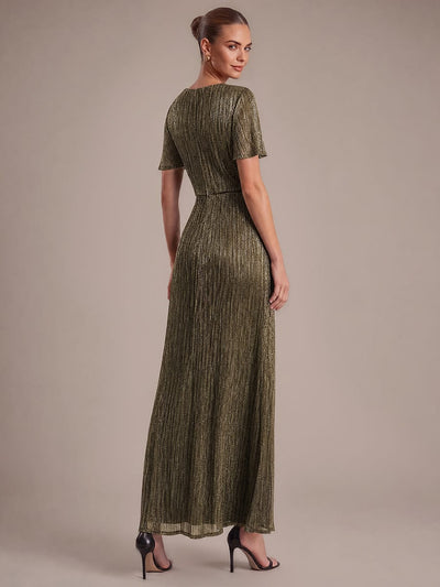 Pleated Tulle Ruffle Sleeve Dress #color_Metallic Gold