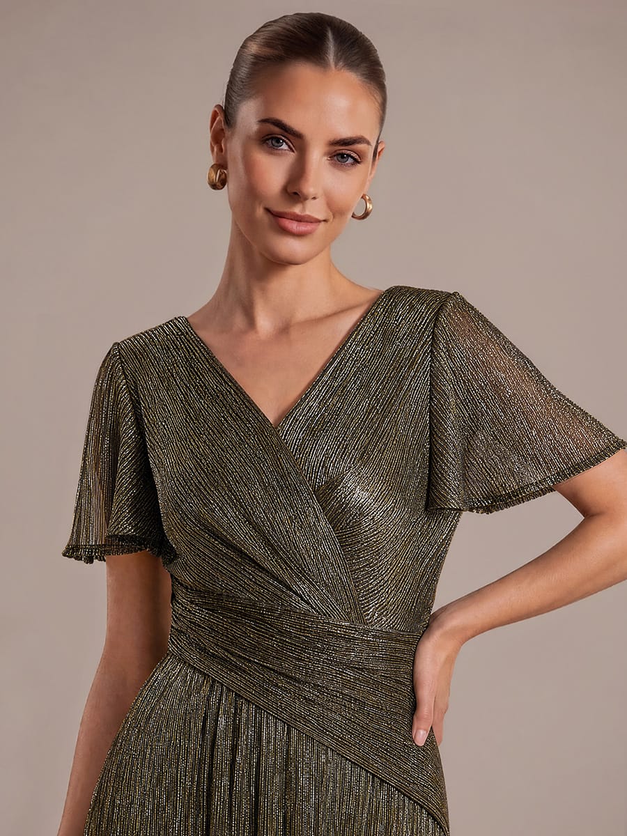 Pleated Tulle Ruffle Sleeve Dress #color_Metallic Gold