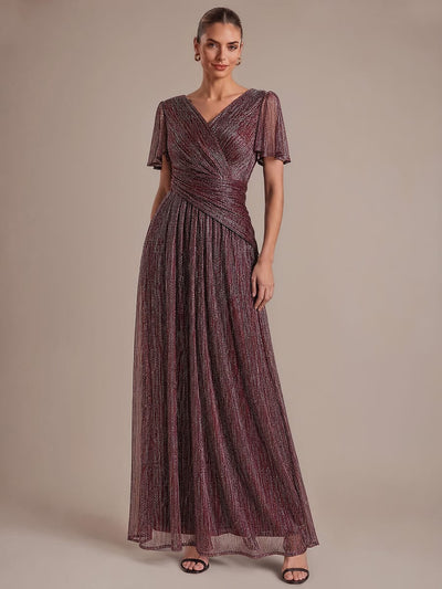Pleated Tulle A Line Maxi Dress with Ruffle Sleeve