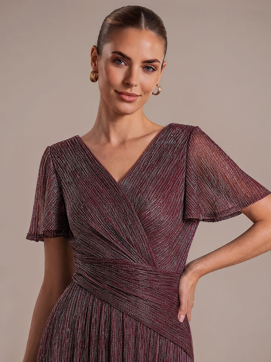 Pleated Tulle Ruffle Sleeve Dress #color_Mahogany Brown
