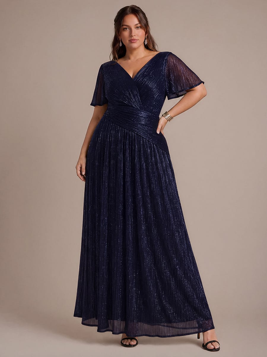 Pleated Tulle Ruffle Sleeve Dress #color_Navy Blue