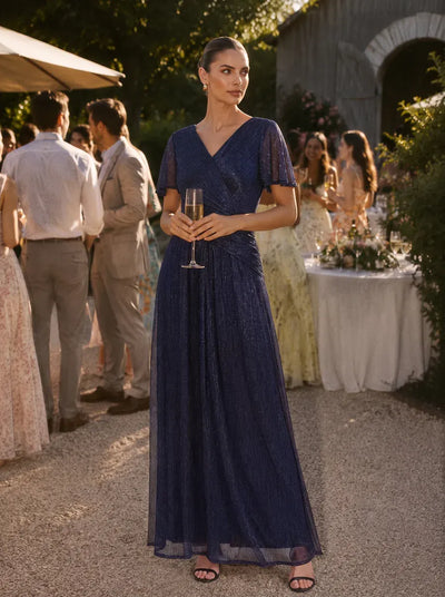 Pleated Tulle A Line Maxi Dress with Ruffle Sleeve