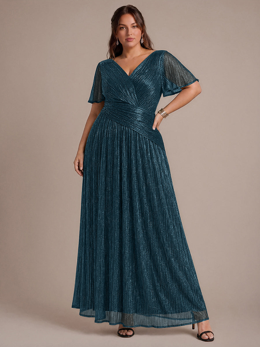 Pleated Tulle Ruffle Sleeve Dress #color_Teal Blue