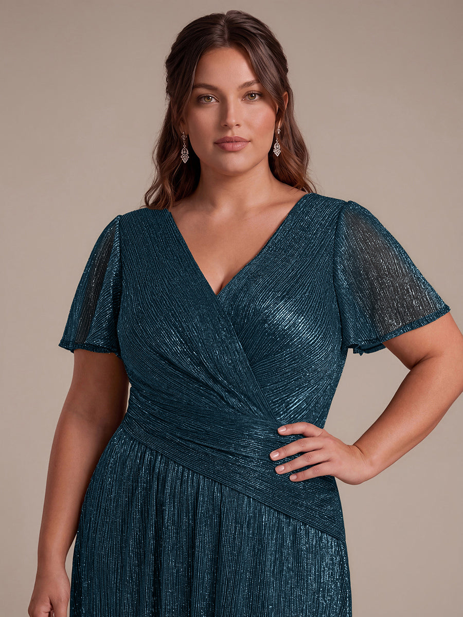 Pleated Tulle Ruffle Sleeve Dress #color_Teal Blue
