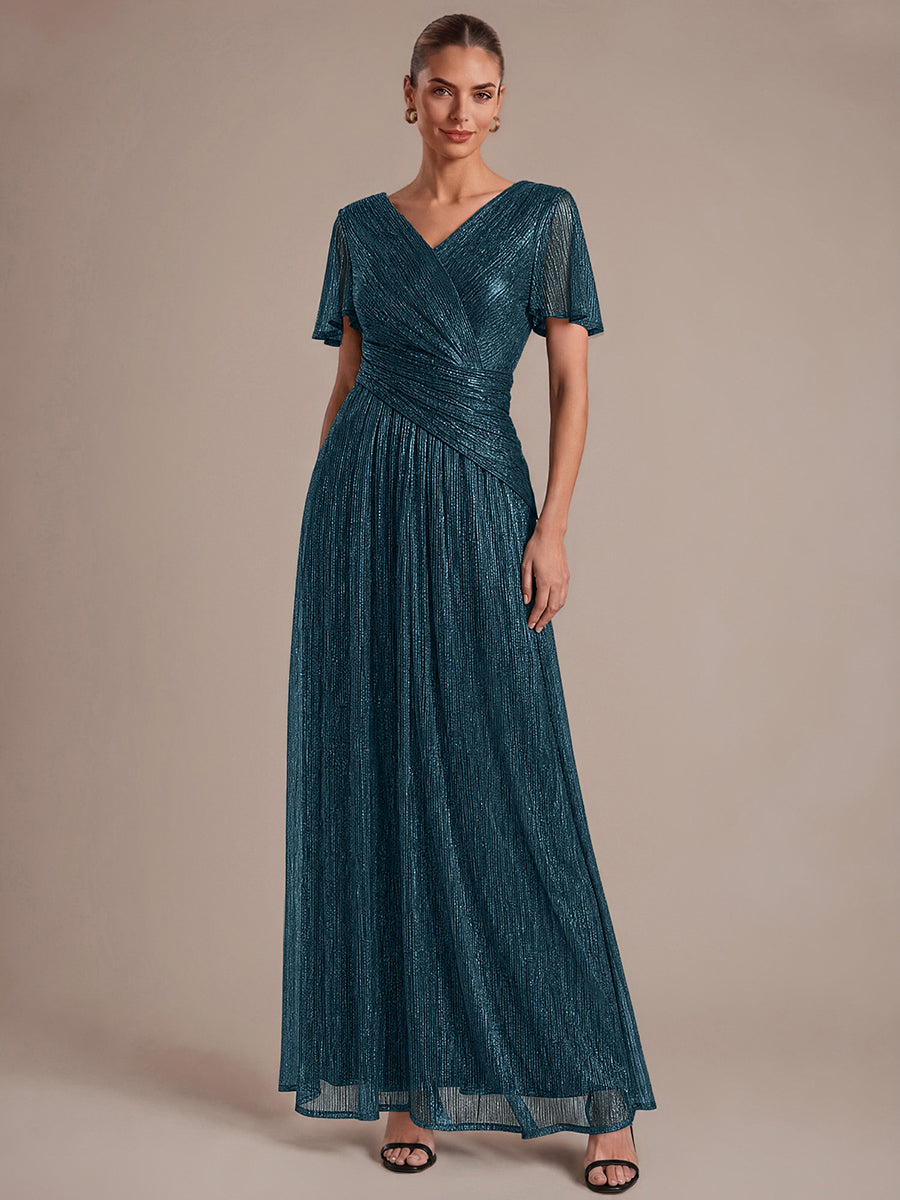 Pleated Tulle Ruffle Sleeve Dress #color_Teal Blue
