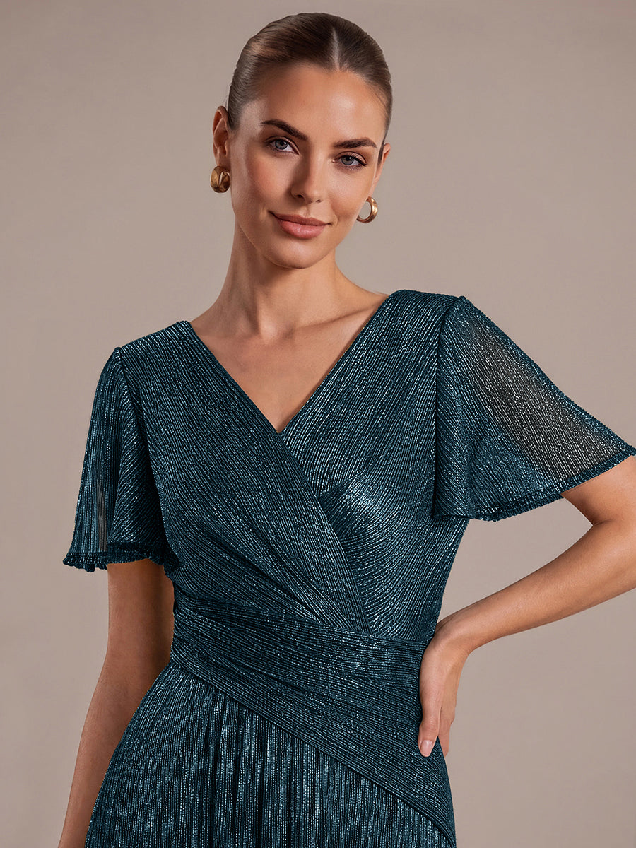 Pleated Tulle Ruffle Sleeve Dress #color_Teal Blue