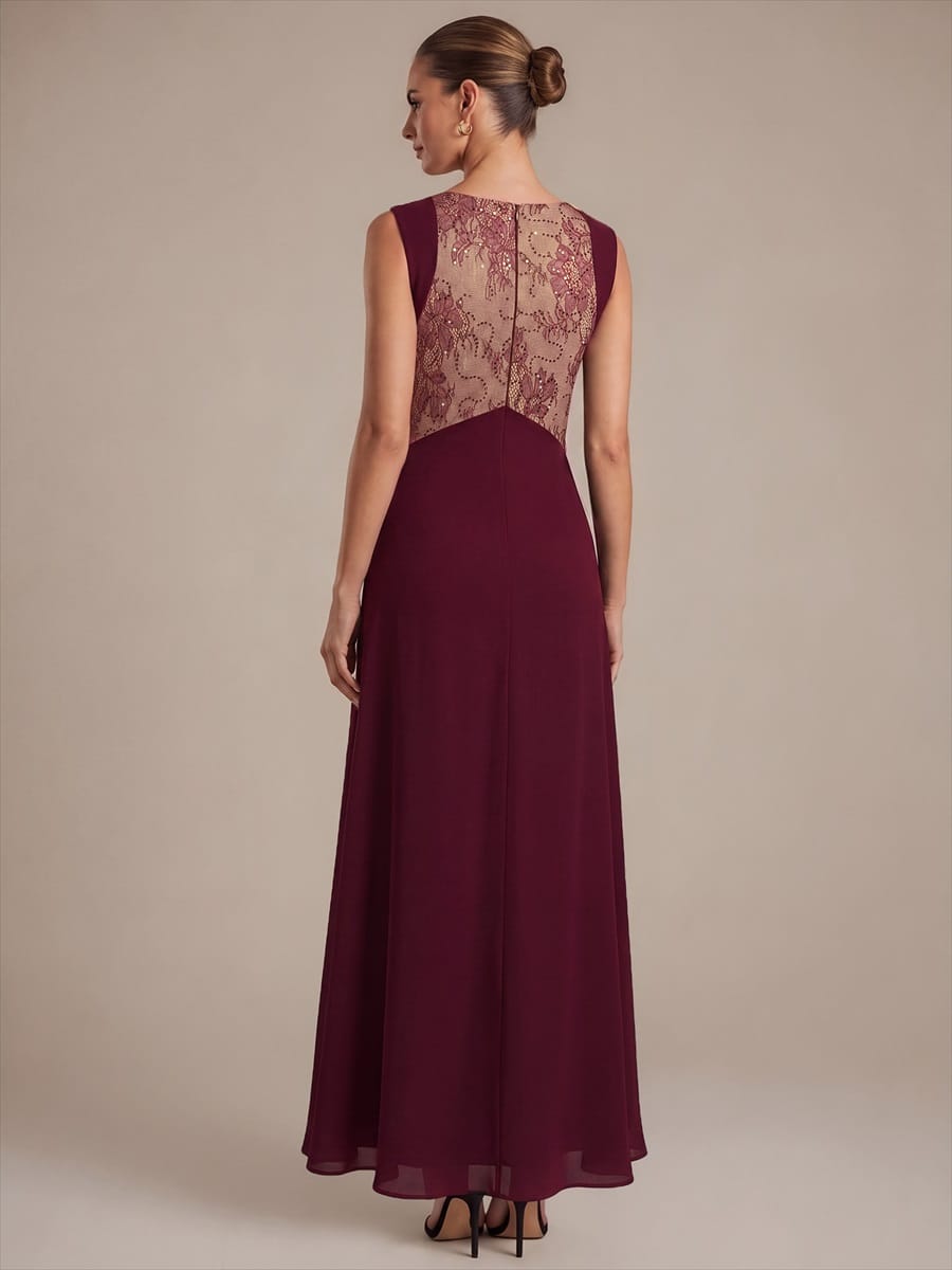 See-through Chiffon Sleeveless Dress #color_Burgundy