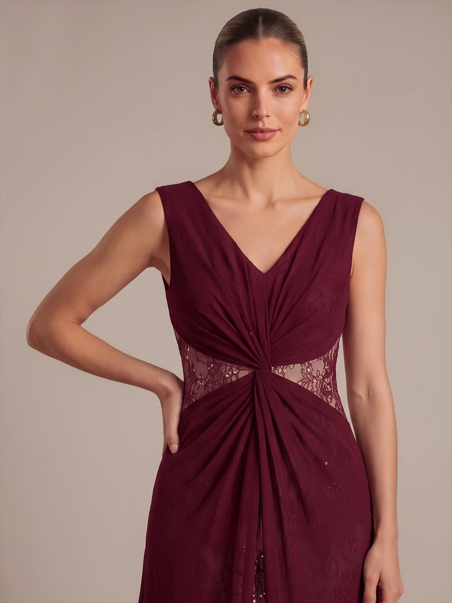 See-through Chiffon Sleeveless Dress #color_Burgundy