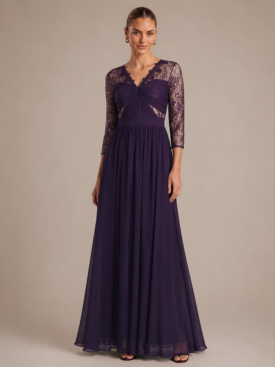 Chiffon Fitted Sleeve A-line Dress #color_Dark Purple