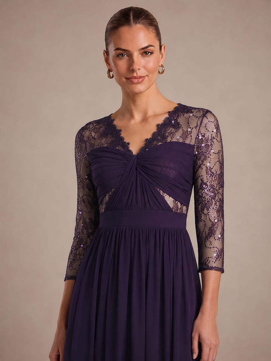 Chiffon Fitted Sleeve A-line Dress #color_Dark Purple