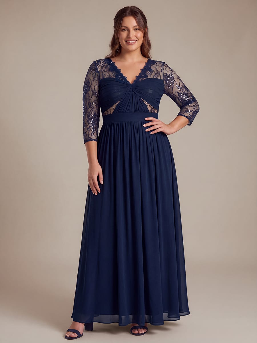 Chiffon Fitted Sleeve A-line Dress #color_Navy Blue