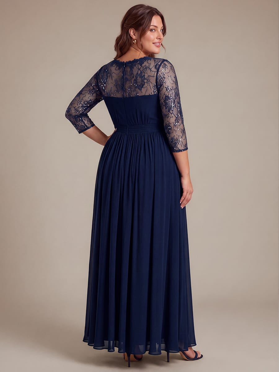 Chiffon Fitted Sleeve A-line Dress #color_Navy Blue