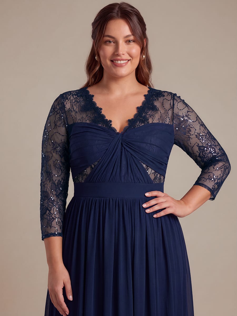 Chiffon Fitted Sleeve A-line Dress #color_Navy Blue