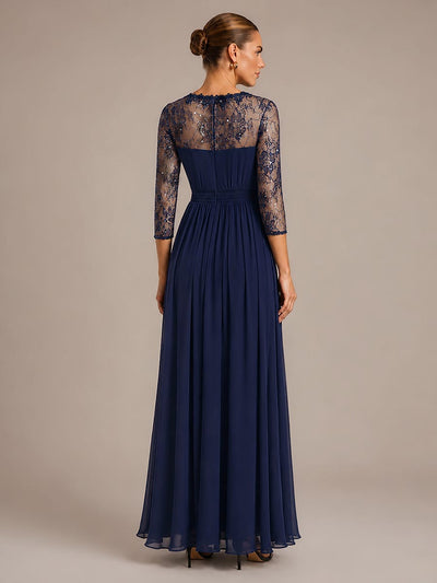 Chiffon Fitted Sleeve A-line Dress #color_Navy Blue